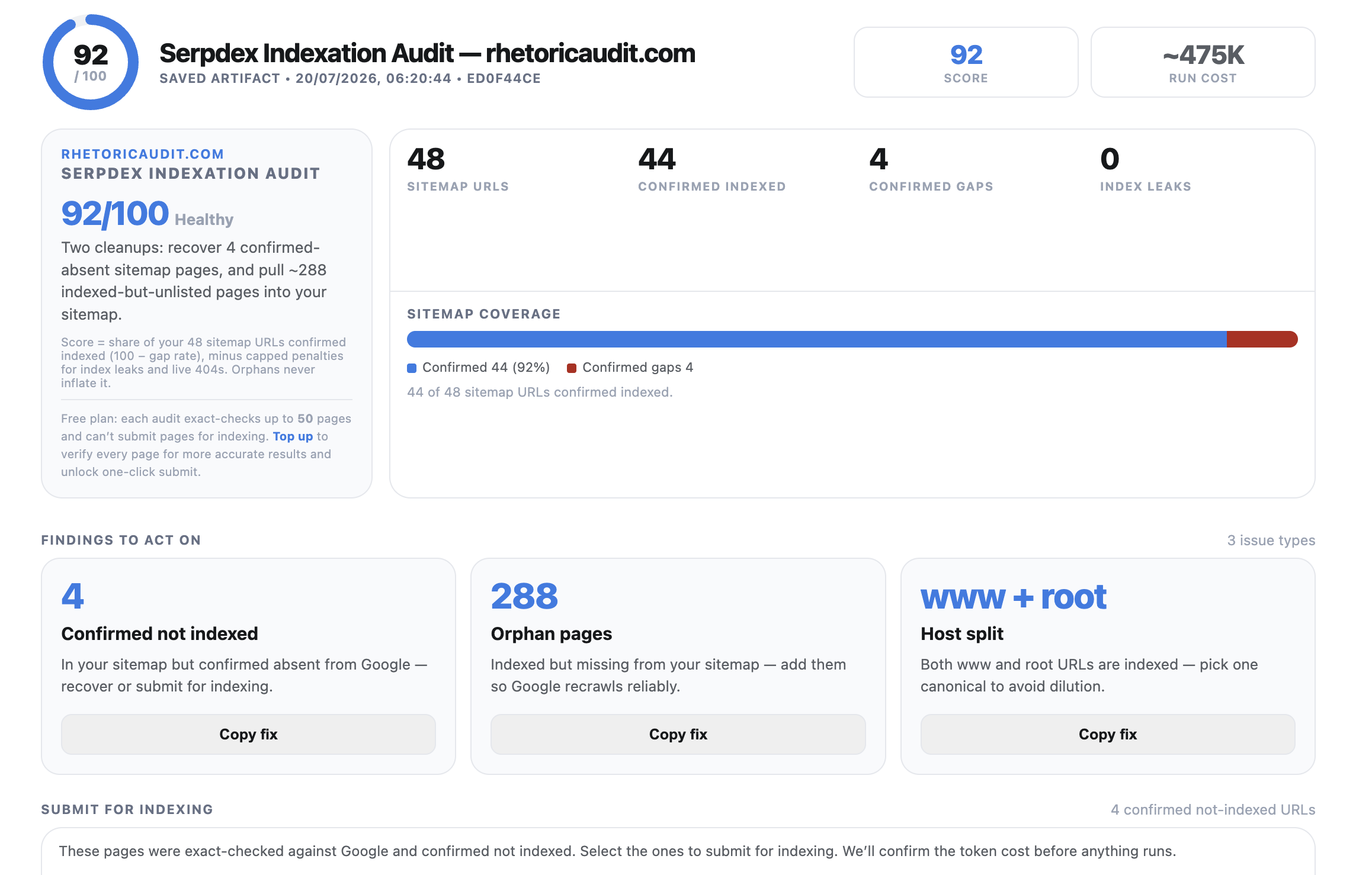 Serpdex indexation audit report comparing a competitor's Google index against their sitemap, showing orphan pages and confirmed indexation gaps